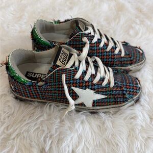 Golden Goose Deluxe Brand Super-Star
Sneakers - Check Tweed / Green Glitter Heel